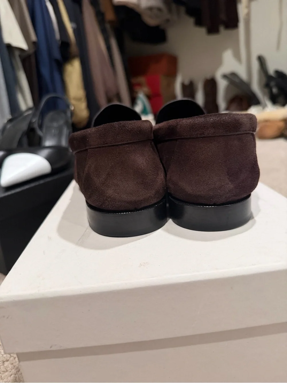 Saint Laurent Dark Brown Suede Penny Loafers with Gold YSL Logo
